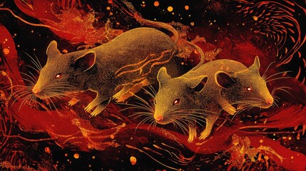 Fototapete - Glowing golden rats set in an abstract design, surrounded by red and gold patterns that evoke the energy of the Golden Rat Year.