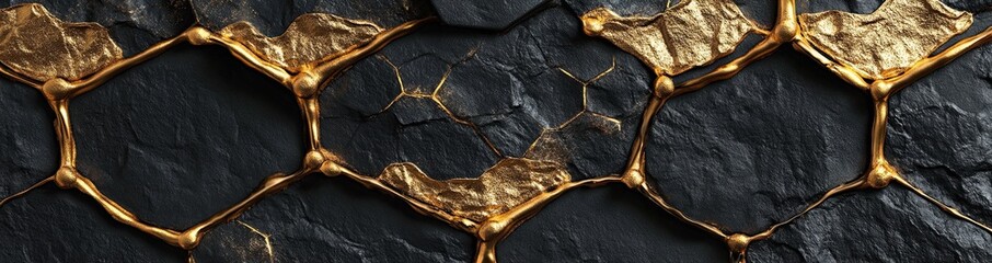 Poster - a luxurious hexagonal abstract background in black metal, featuring golden light lines. a dark 3d ge