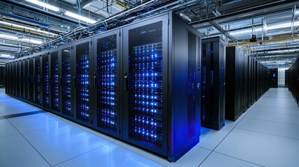 Poster - A photograph of a data center corridor teeming with rack servers and supercomputers, highlighted by a high-speed internet visualization projection