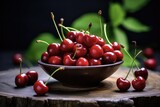 Sweet Cherries on Wooden Board. Fresh and Ripe Cherries on Concrete Table. Harvested from Beautiful Cherry Tree Branches with Bone Bowl in Background