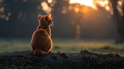 Wall Mural - Ginger cat sits on log watching sunset.