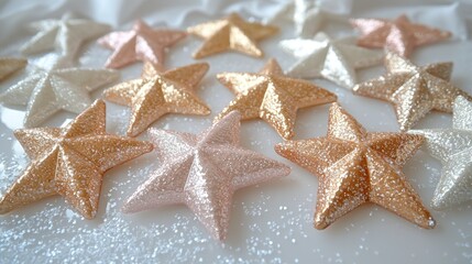 Poster - Glittery pastel star ornaments on white background.