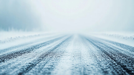 Wall Mural - winter road vanishing through misty landscape, snow-blanketed surface merging with foggy horizon, ev