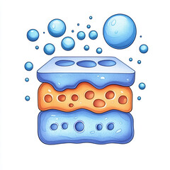 Colorful sponge illustration with bubbles, showcasing cleaning tools and textures