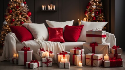 Wall Mural - A couch is covered in red and white pillows and surrounded by a pile of presents. The room is decorated with Christmas lights and a tree. Scene is festive and cozy, with the couch