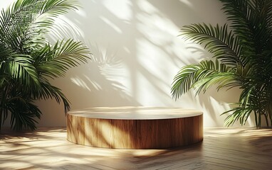 Poster - Wooden display podium with tropical plants and sunlight.