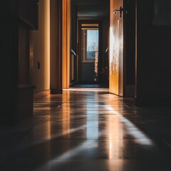 Wall Mural - a hallway with a door in the middle. the door is open and there is a plant in front of it