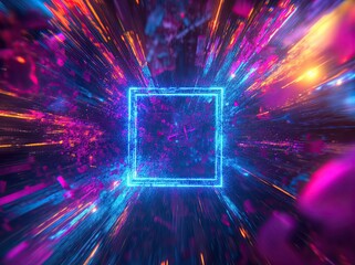 Poster - An abstract background featuring a 3D render of a tunnel made of glowing lines and neon lights, with a square portal and arch, in vibrant pink and blue spectrum colors, giving the feel of a laser
