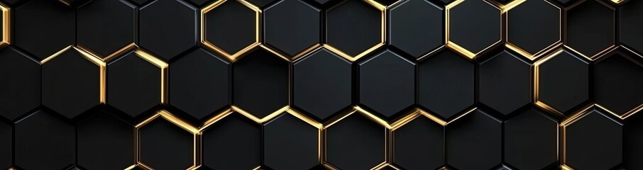 Poster - a premium hexagonal abstract black metal background with golden light lines. a dark 3d geometric tex