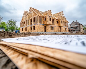 New home construction framing, blueprints in foreground.