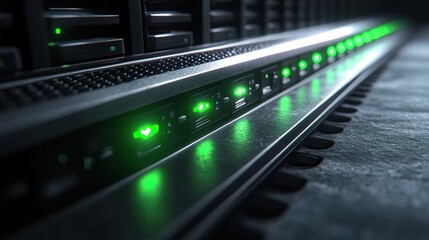 Poster - In a close-up view, the camera moves slowly through a data center, revealing server equipment with blinking light indicators. This photorealistic 3D render animation loops seamlessly