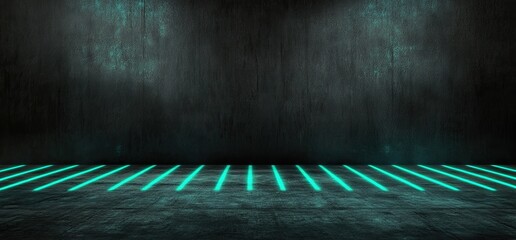 Poster - Futuristic abstract shapes in blue and purple neon lights, rendered in 3D on a black background with reflective concrete, including space for text
