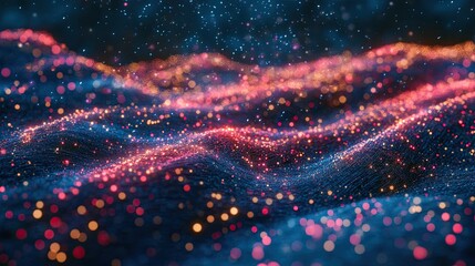 Poster - Cyber big data streaming. Blockchain data fields. Network lines linking streams. The idea of AI technology, digital communication, science research, and 3D illustration music waves