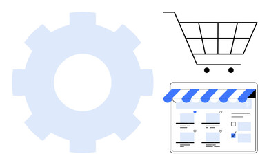 Gear icon, shopping cart, and online storefront interface representing e-commerce setup, digital marketing, retail management. Ideal for online business, product management, automation, web