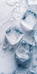 Poster - A close up of a few ice cubes on a marble counter top. The cubes are all different sizes and are scattered around the counter. Concept of coldness and chilliness