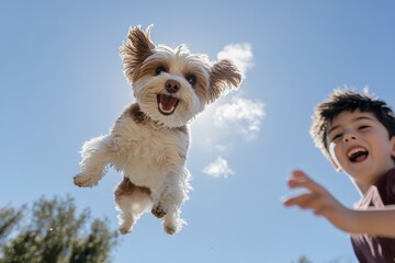 Excited teenage boy chases playful brown and white havanese dog in sunny summer garden