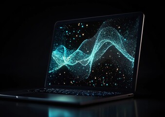 Fototapete - Futuristic laptop surrounded by holographic data waves on a dark background symbolizing innovation