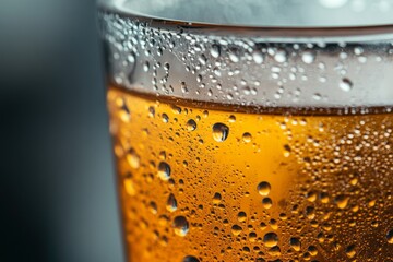 Poster - A glass of beer with condensation on the outside. The glass is half full