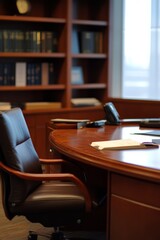 Poster - A brown leather office chair sits in front of a desk. The desk has a telephone, a laptop, and a stack of books