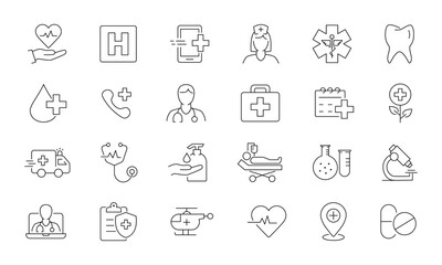 healthcare line icons. editable stroke for mobile and web. contains such icons as hospital, doctor, 