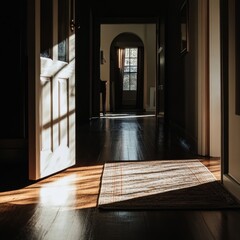 Wall Mural - a hallway with a white door open to the left. the hallway is dark and the door is letting in sunligh