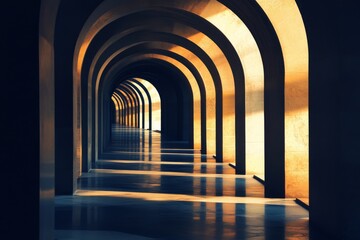 Poster - A stunning corridor with arches casting dynamic shadows, showcasing modern architecture and minimalist design.
