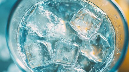 Poster - A glass of water with ice cubes in it. The ice cubes are scattered throughout the glass. The water is clear and cold