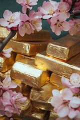 Poster - A pile of gold bars is surrounded by pink flowers