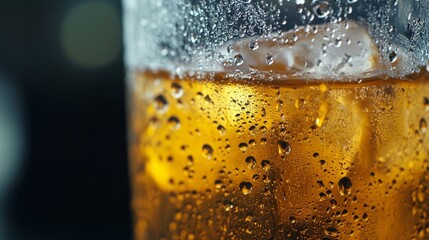 Poster - A glass of beer with ice cubes in it. The ice cubes are melting and the glass is covered in water droplets