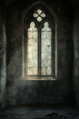 Poster - A window in a dark room with a stone wall. The window is open and the light is shining through it