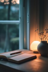 Poster - A pen is on a table next to a book. The pen is black and the book is open