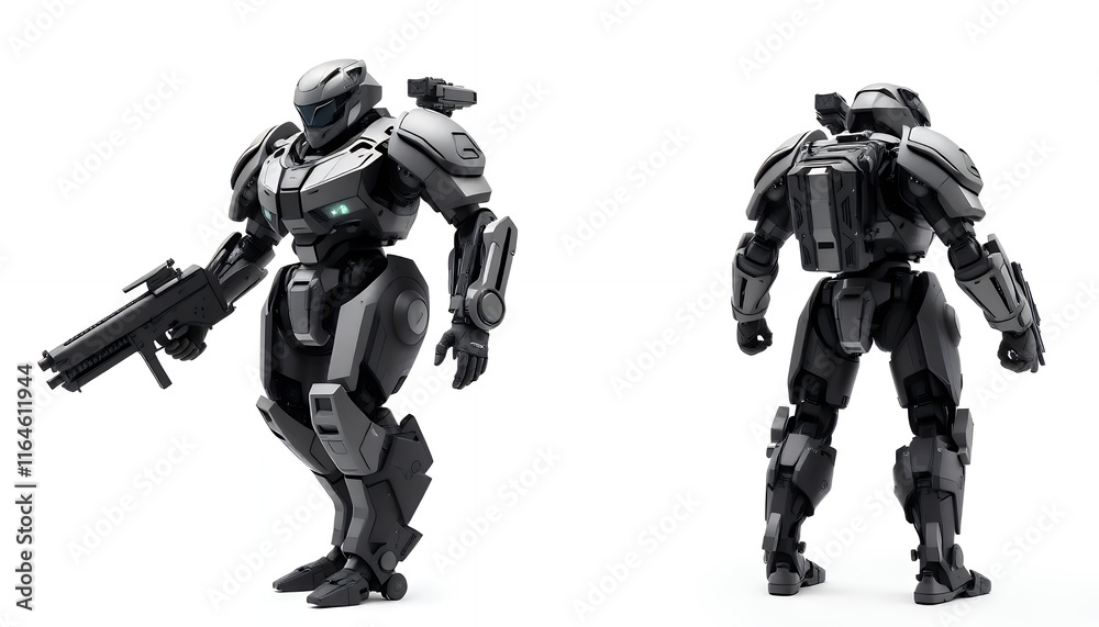 Powerful Armored Mech: Front and Rear Views, Futuristic Military Style ...