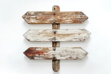 Weathered wooden signpost with three blank arrows, perfect for directional themes or rustic decor concepts.