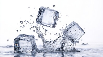 Poster - Ice cubes splashing in water, captured against a white background.