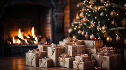 Wall Mural - A large stack of presents is sitting in front of a fireplace. The scene is cozy and festive, with the presents adding to the holiday spirit