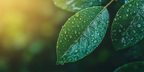 Poster - A leaf is covered in raindrops. The leaf is green. The raindrops are small
