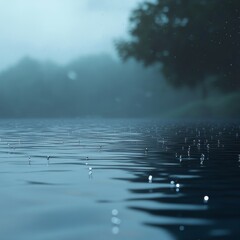 Poster - A body of water with rain falling on it. The water is calm and still. There are no people or animals visible in the image