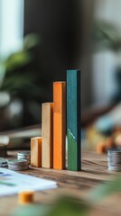 Poster - A stack of blocks with a green and orange one in the middle. There are also coins on the table