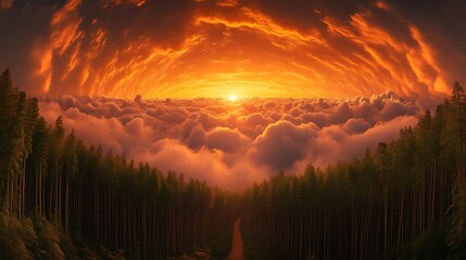 A fiery sunset over a sea of clouds and bamboo forest