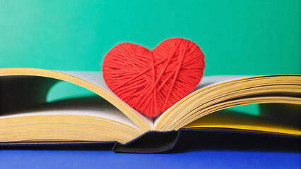 Wall Mural - red heart made of woolen threads on the open pages of a book