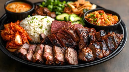 Wall Mural - Grilled Meat Platter with Rice and Kimchi