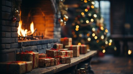 Wall Mural - A fireplace with a Christmas tree in the background. The fireplace is lit and there are many presents on a table