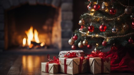 Wall Mural - A Christmas tree with a fireplace in the background. The tree is decorated with many red and gold ornaments