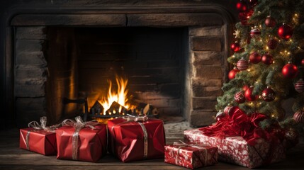 Wall Mural - A fireplace with a Christmas tree and presents in front of it. Scene is warm and festive