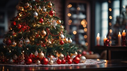 Wall Mural - A large Christmas tree with many ornaments and lights. The tree is surrounded by candles and is lit up