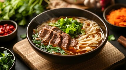 Wall Mural - Steaming Bowl Of Beef Noodle Soup With Herbs