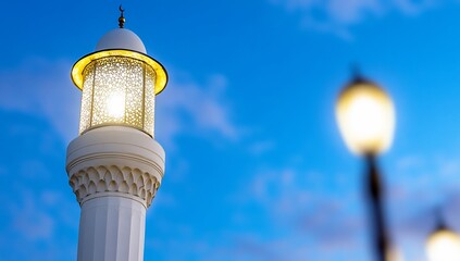 A decorative lantern illuminates a serene evening sky.