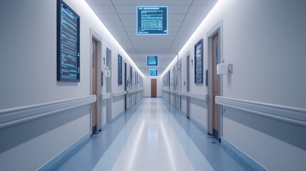 A clean, well-lit hospital corridor lined with patient rooms, featuring digital signage and a calm, clinical atmosphere.