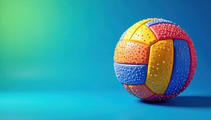 Colorful volleyball ball silhouette with dotted outline against a bright blue background, blue, shape, cartoon