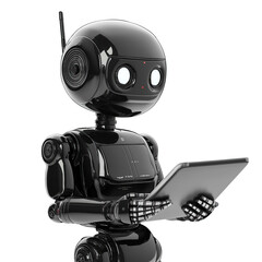 Black robot using tablet isolated on transparent or white background